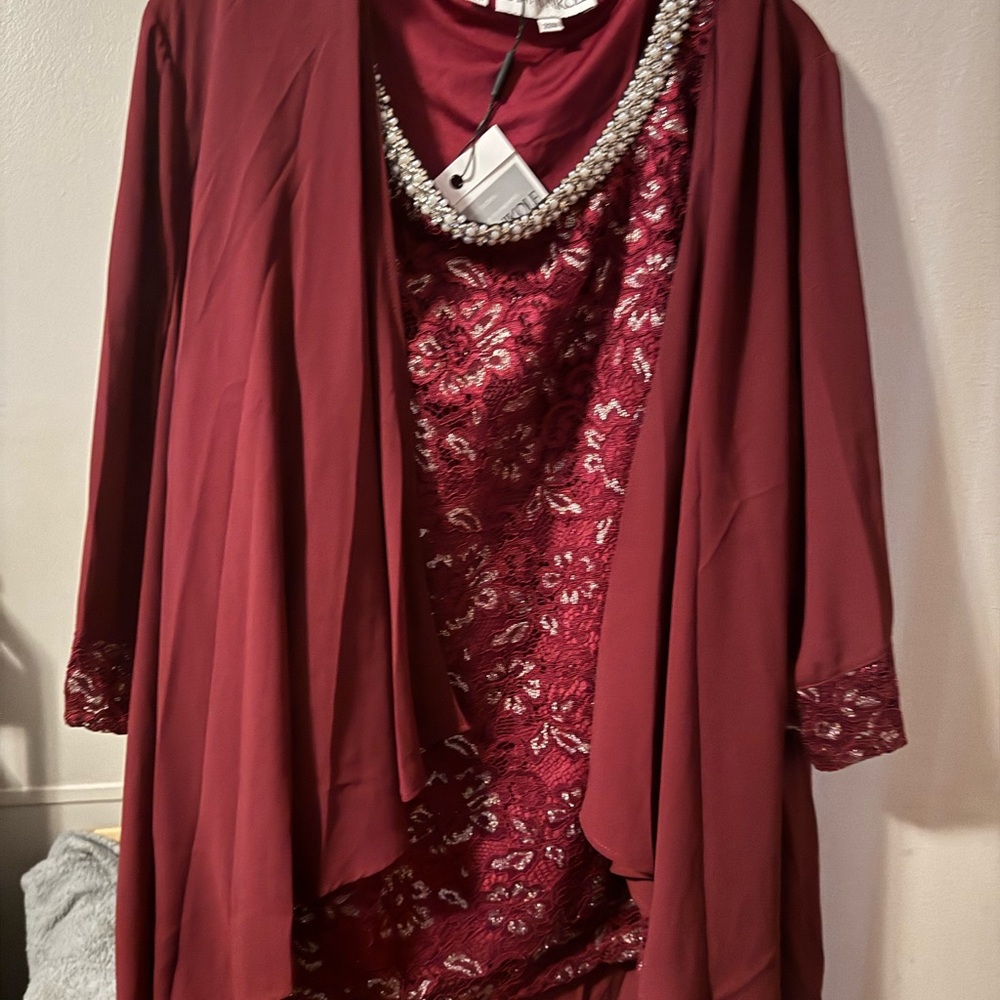 Embellished Maroon Lace-Overlay Blouse with Matching Drape Jacket
